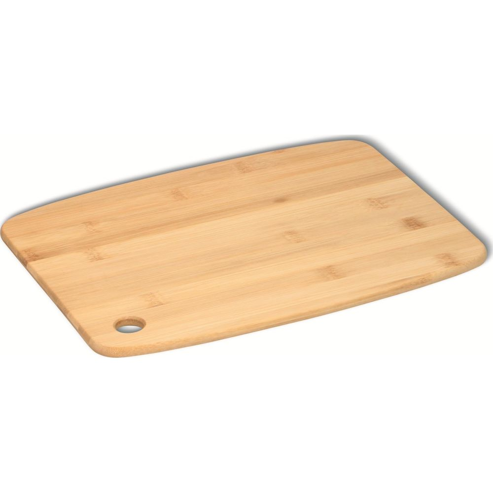 Ein rechteckiges Schneidebrett aus Holz mit glatter Oberfläche und einem runden Aufhängeloch in der unteren linken Ecke.