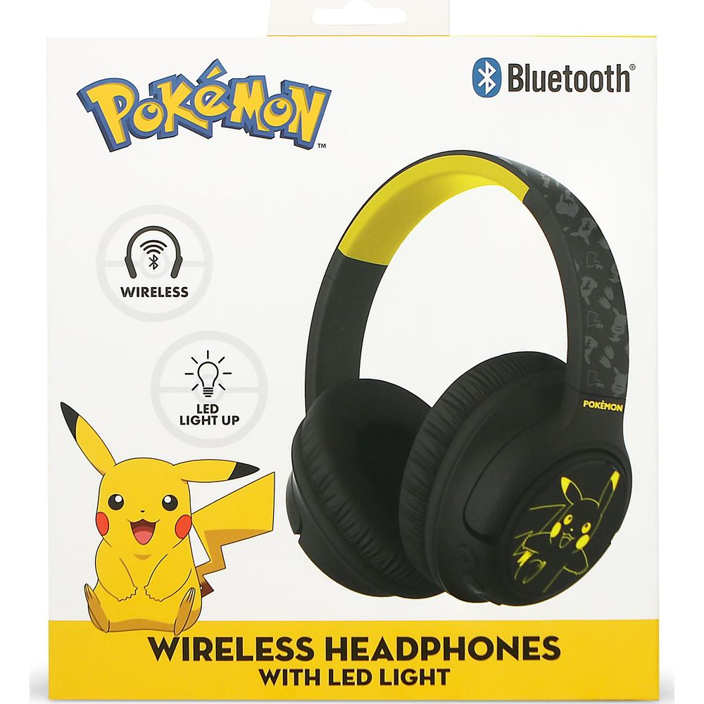 Pokémon-Kopfhörerbox mit gelb-schwarzem Design, Pikachu-Bild und Bluetooth-Symbol.