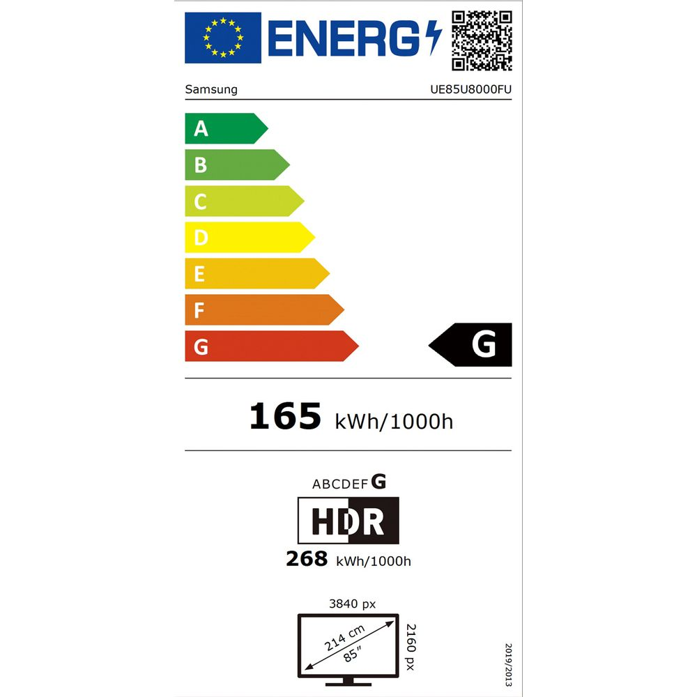 EU-Energieeffizienzlabel für Samsung UE85U8000FU, Energieklasse G, Energieverbrauch 165 kWh.