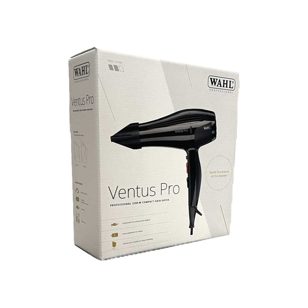 Wahl Ventus Pro Haartrockner Verpackung in weiß mit Bild vom schwarzen Föhn.