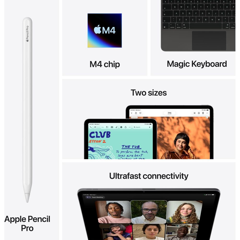 Presentazione di Apple Pencil Pro, chip M4, Magic Keyboard, due dimensioni dello schermo e connettività rapida.