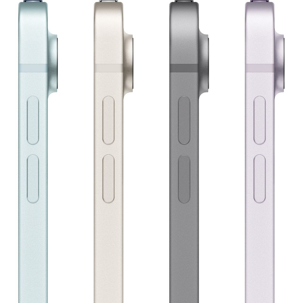 Profili laterali di quattro tablet in blu, oro, grigio scuro e viola, con fotocamere e tasti del volume.