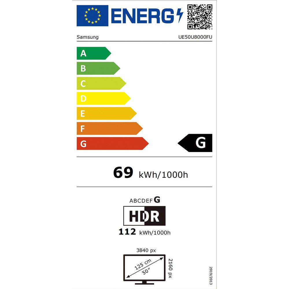 Energieeffizienzlabel für Samsung UE50U8000FU mit Energieklasse G und Verbrauch von 69 kWh/1000h.