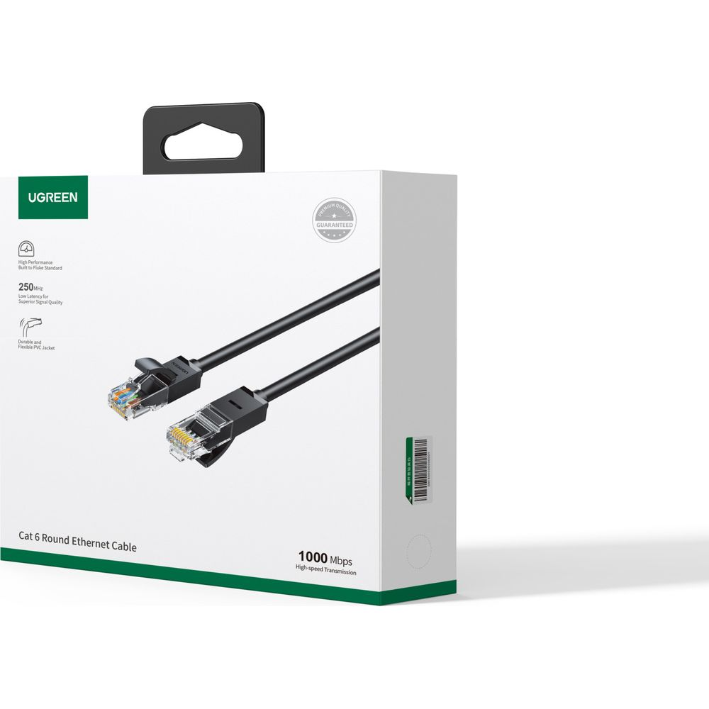 Opakowanie kabla Ethernet Ugreen Cat 6 o prędkości 1000 Mbps ze złączami RJ45 na froncie.