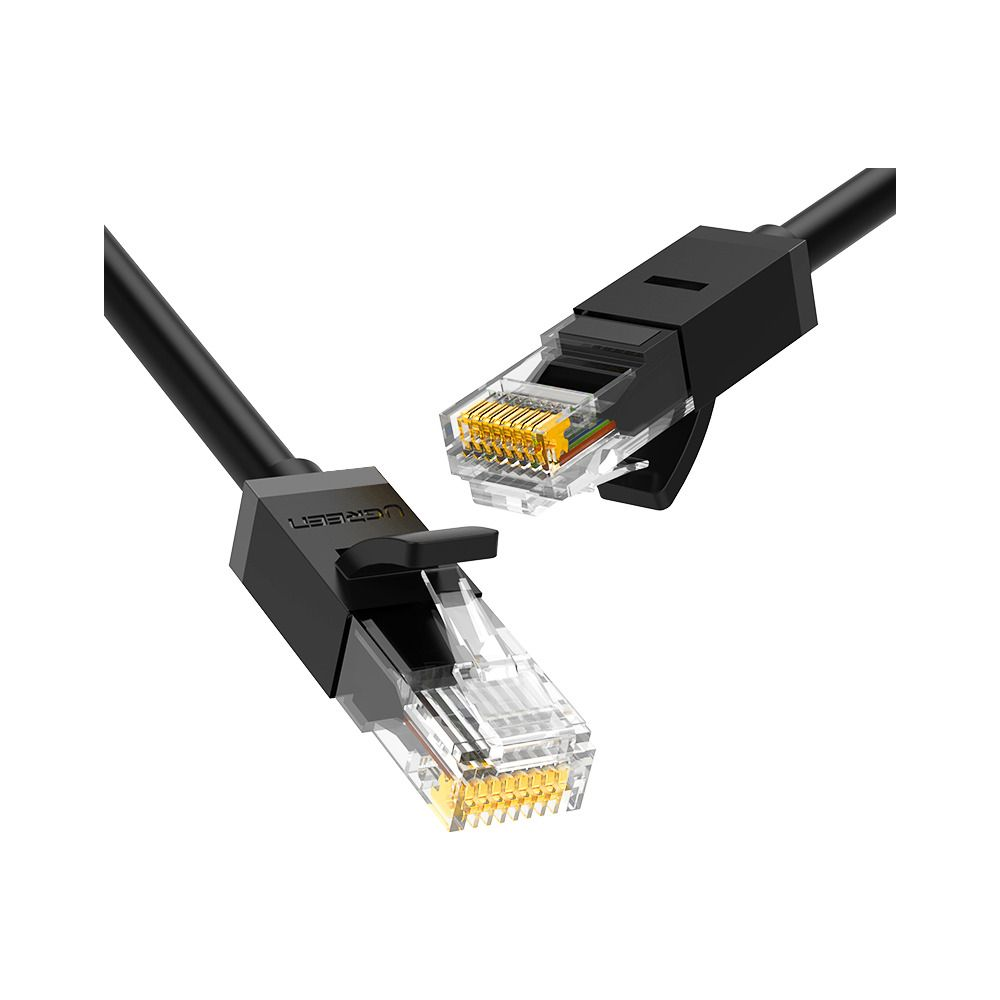 Dwa czarne kable ethernetowe z przezroczystymi złączami RJ45 i złotymi pinami na białym tle.