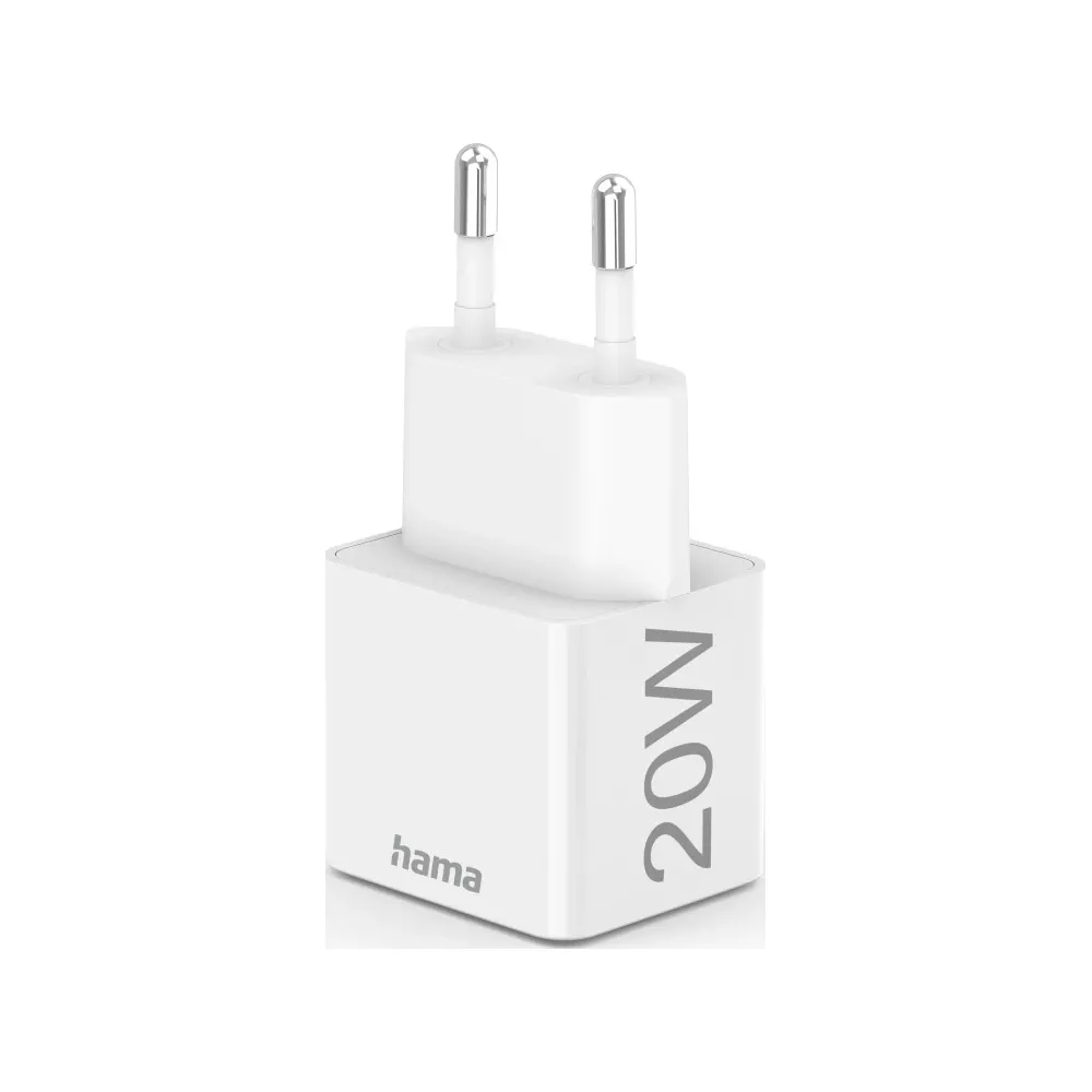 Un caricabatterie USB bianco Hama da 20W con due spinotti rotondi su una superficie neutra e luminosa.
