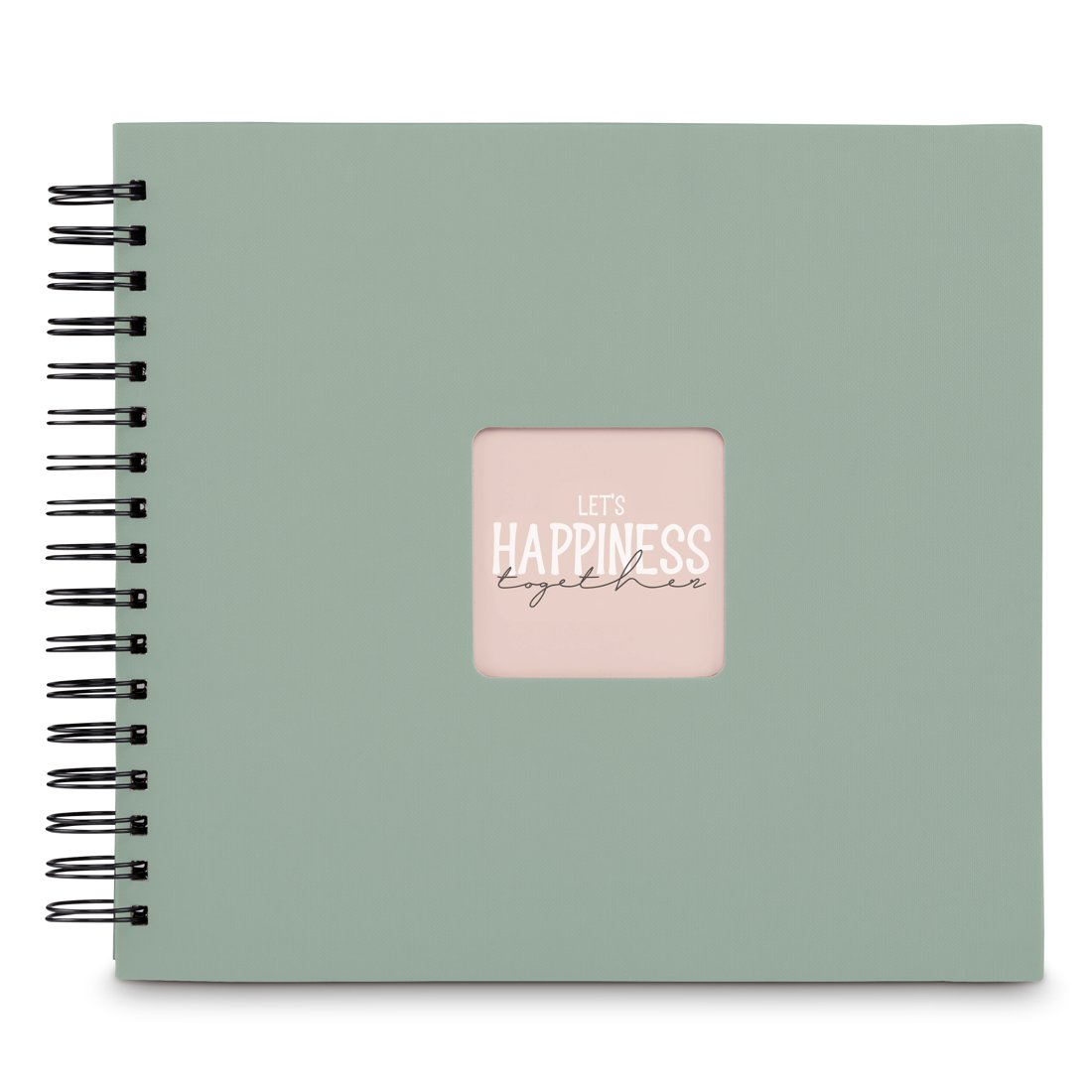 Miętowy notes spiralny z różowym kwadratowym okienkiem pośrodku i napisem Let's Happiness Together.