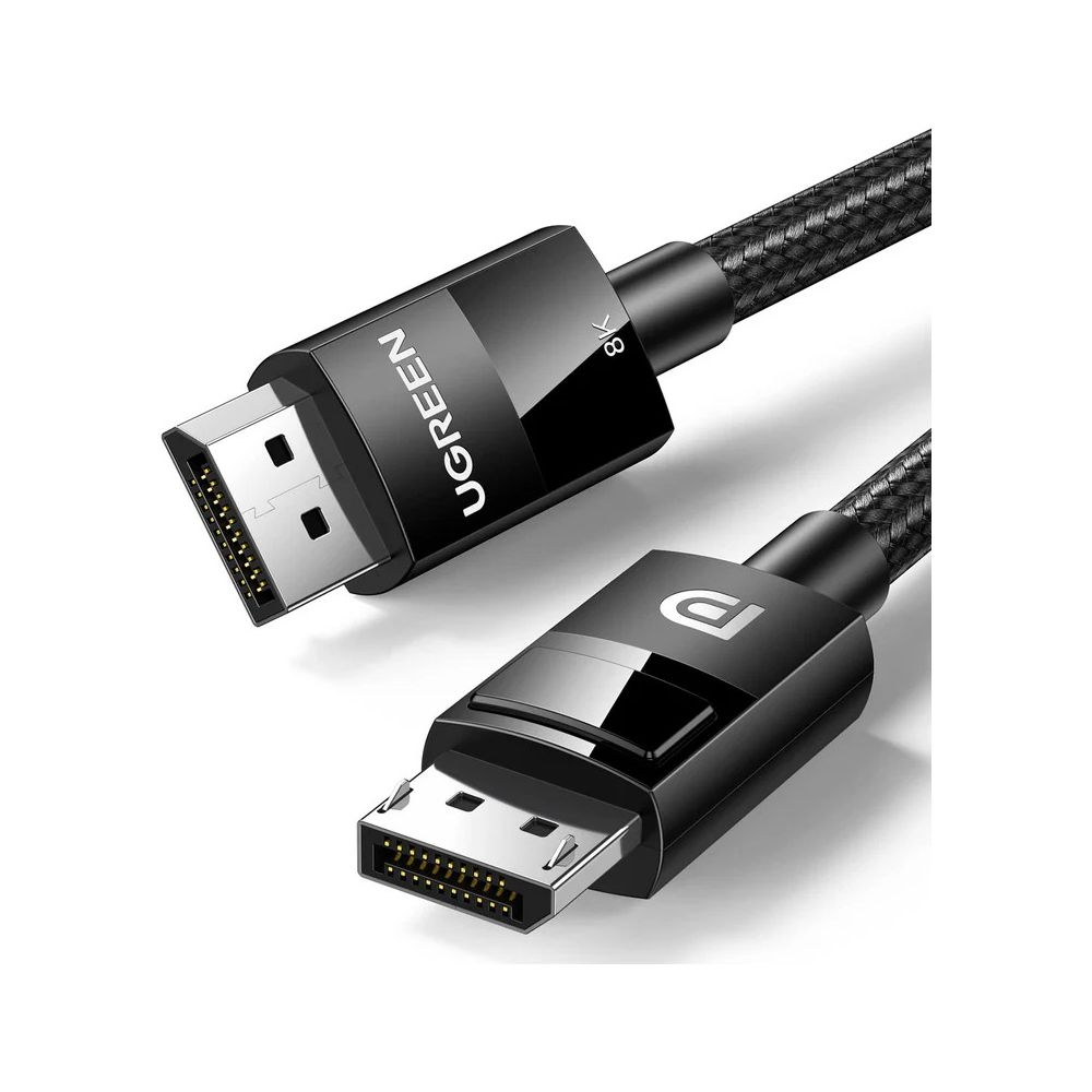 Dwa czarne kable DisplayPort 8K Ugreen w oplatane na białym tle.