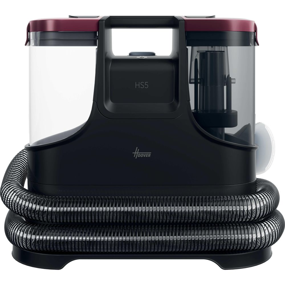 Pulitore per tappeti Hoover HS5 nero con coperchi rossi e tubo arrotolato.