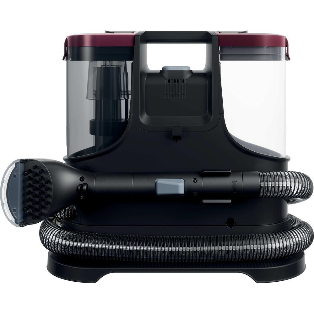 Un pulisci tappeti nero e bordeaux con due serbatoi trasparenti, un lungo tubo flessibile e un accessorio anteriore.