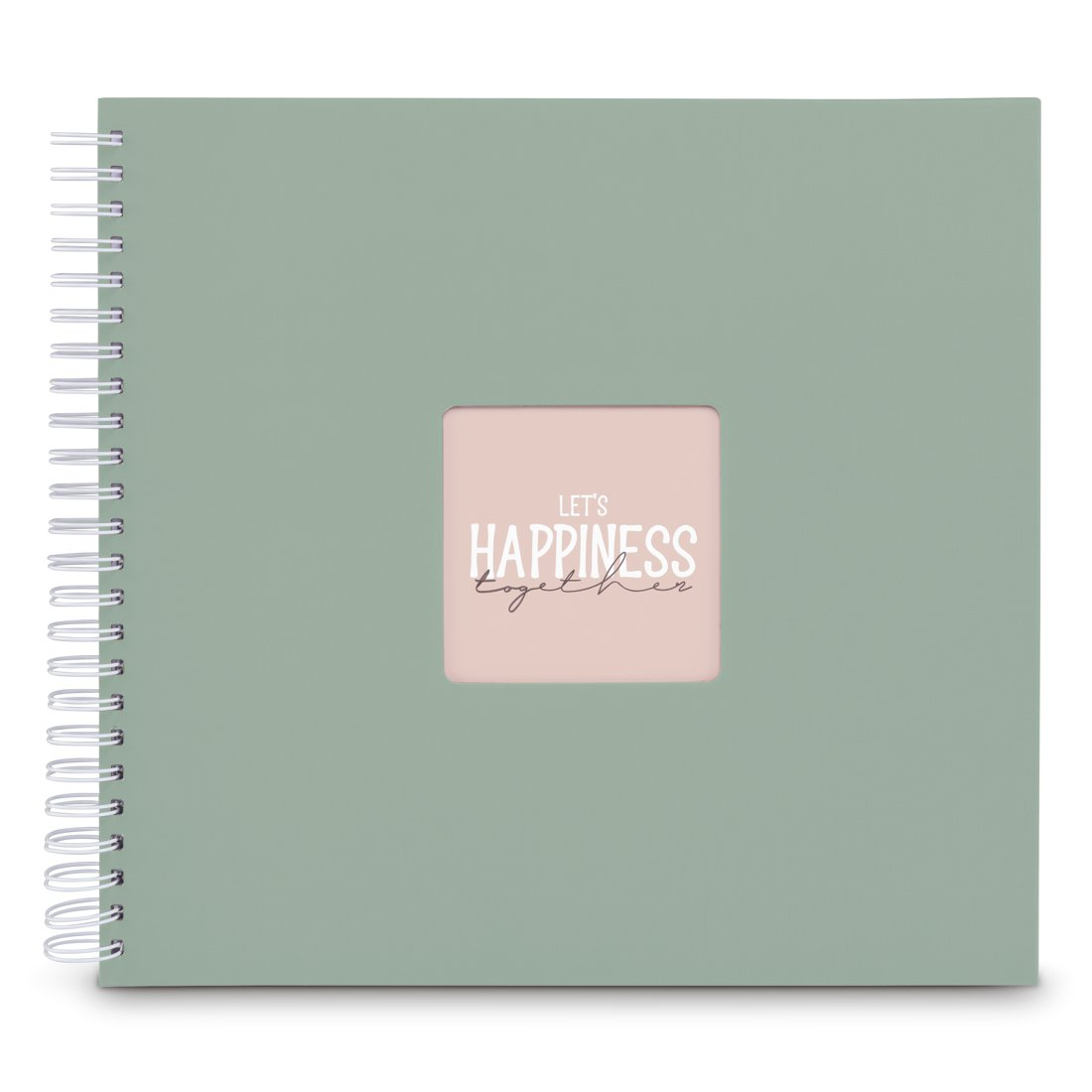 Jasnozielony notes w oprawie spiralnej z różowym kwadratem na okładce zawierającym napis Let's Happiness Together w kolorze białym.