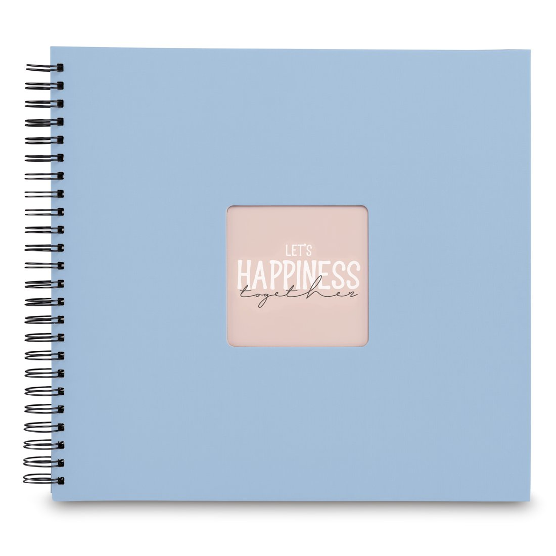 Jasnoniebieski notes w spirali z różowym kwadratowym okienkiem pośrodku i napisem Let's Happiness Together.