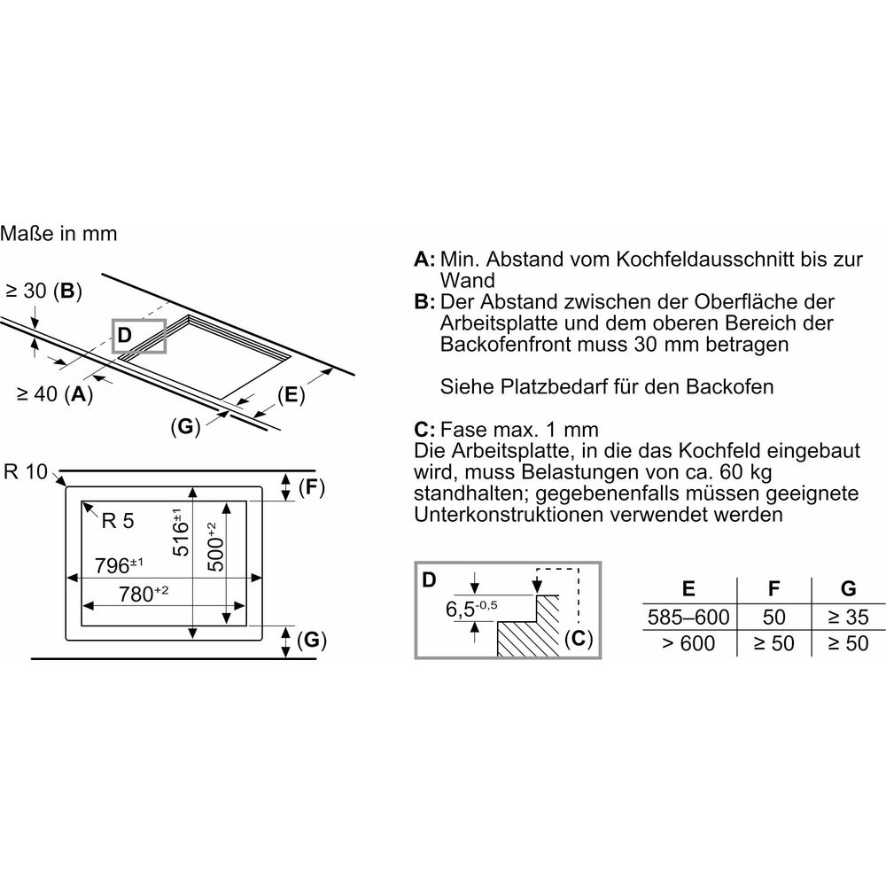 Dessin technique avec dimensions d'installation d'une table de cuisson en millimètres et texte en allemand.