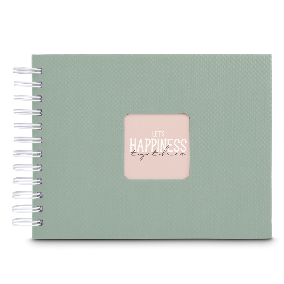 Jasnozielony notes z białym bindowaniem spiralnym i różową naszywką z napisem Let's Happiness Together na środku.