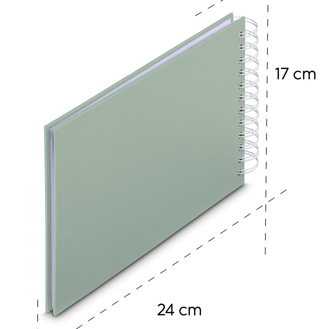 Jasnozielony notes w oprawie spiralnej o wymiarach 24 cm na 17 cm na białym tle.