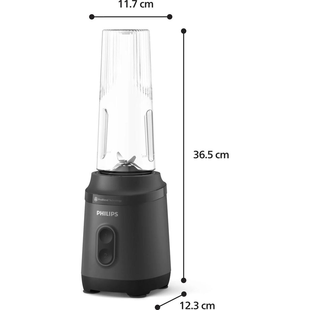Diagramma di un frullatore Philips nero con dimensioni: altezza 36.5 cm, larghezza superiore 11.7 cm, inferiore 12.3 cm.