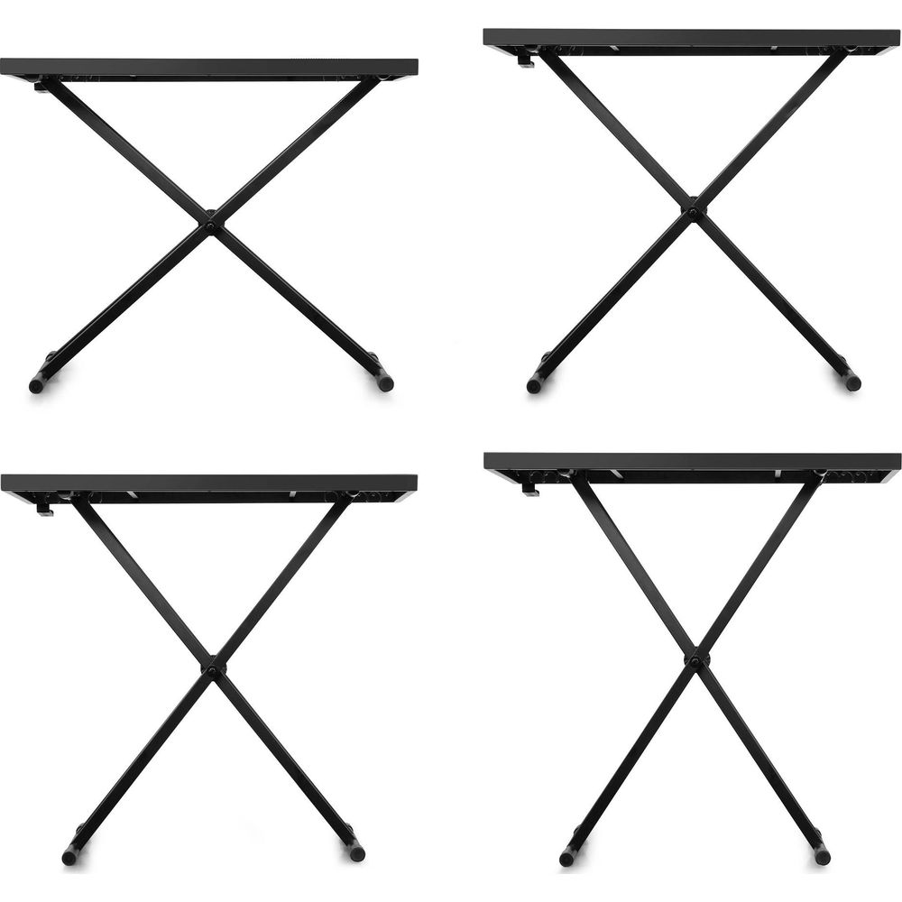 Cuatro vistas de una mesa plegable negra con patas de metal en forma de X sobre fondo blanco.