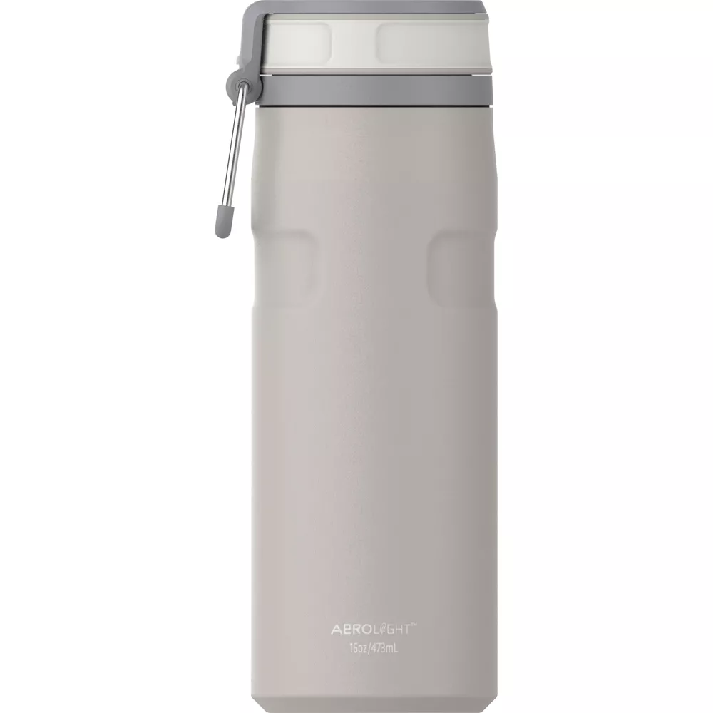 Eine graue Thermosflasche mit weißem Deckel und einem Metallbügel auf weißem Hintergrund.