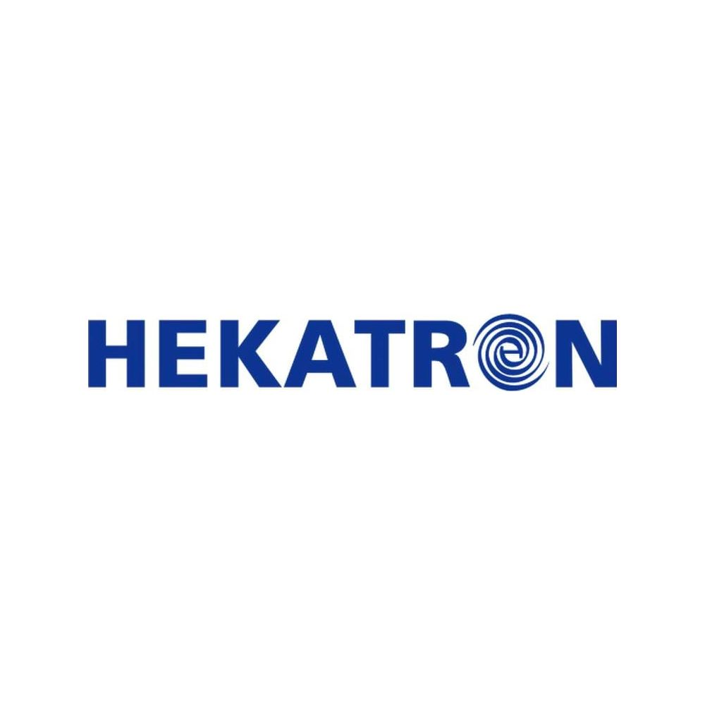 Das blaue Logo zeigt das Wort HEKATRON, wobei ein stilisierter Buchstabe O an eine blaue Spirale erinnert.