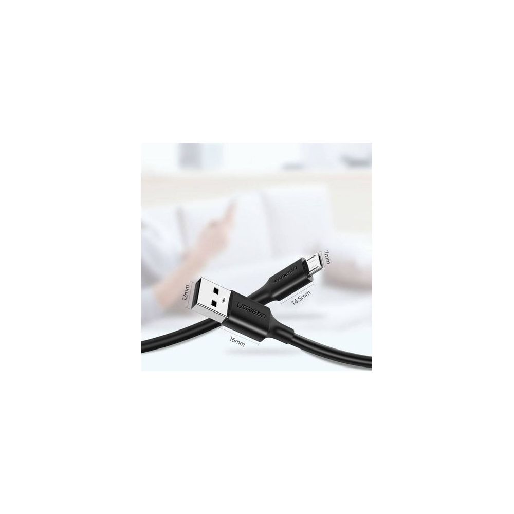 Czarny kabel USB Ugreen z wskaźnikami wymiarów na rozmytym tle.