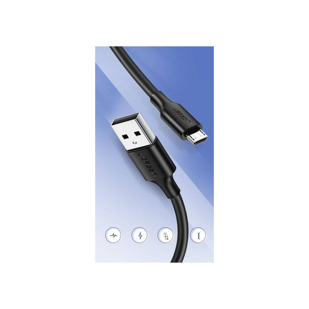 Czarny kabel USB-A na Micro-USB na niebieskim tle, z czterema małymi ikonami na dole.