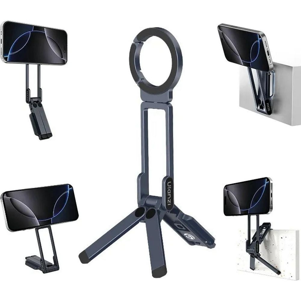 Un supporto per smartphone blu pieghevole mostrato in varie configurazioni con un telefono.