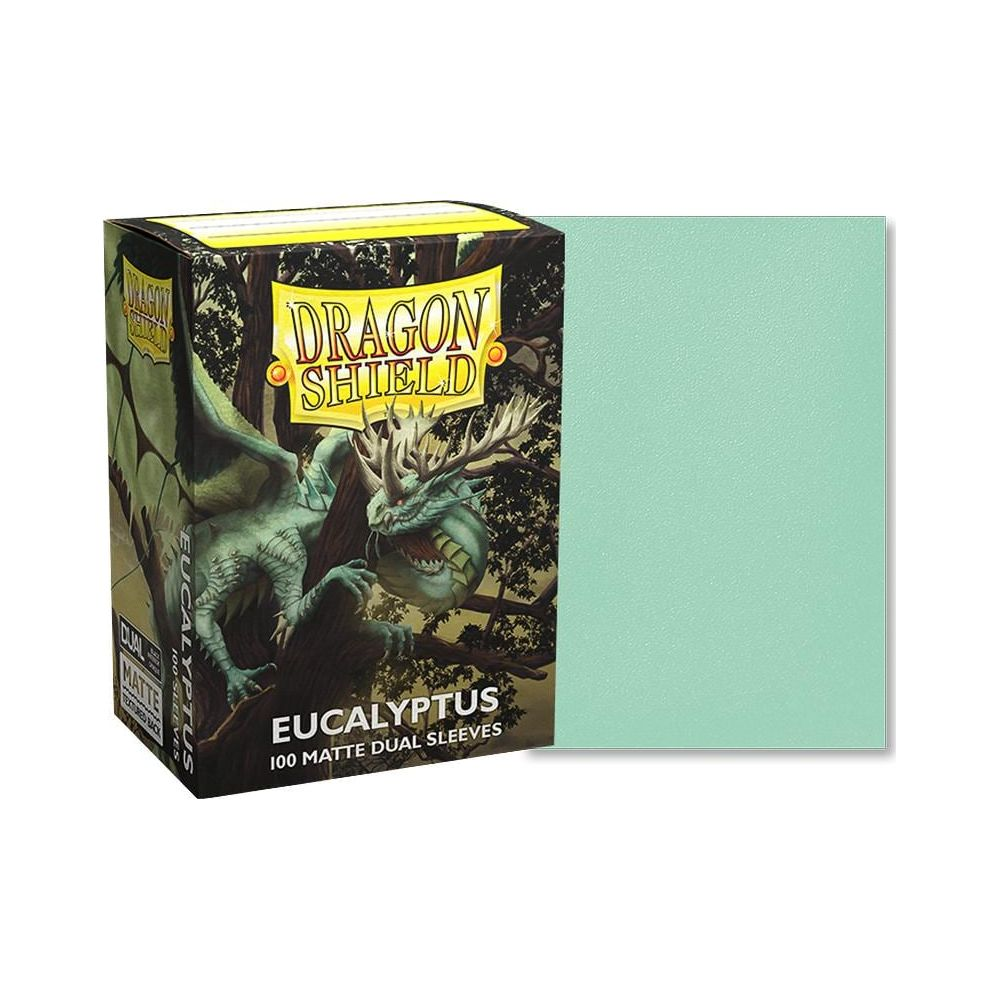 Dragon Shield Eucalyptus Kartenhüllen Box mit Drachenillustration und einer hellgrünen Karte daneben.