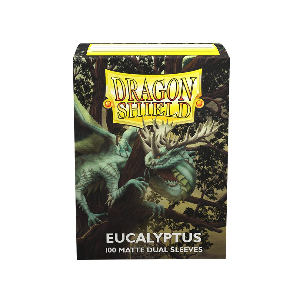 Dragon Shield Eucalyptus Kartenhüllen Box mit einem gehörnten grünen Drachen in einem Wald vor gelbem Banner.