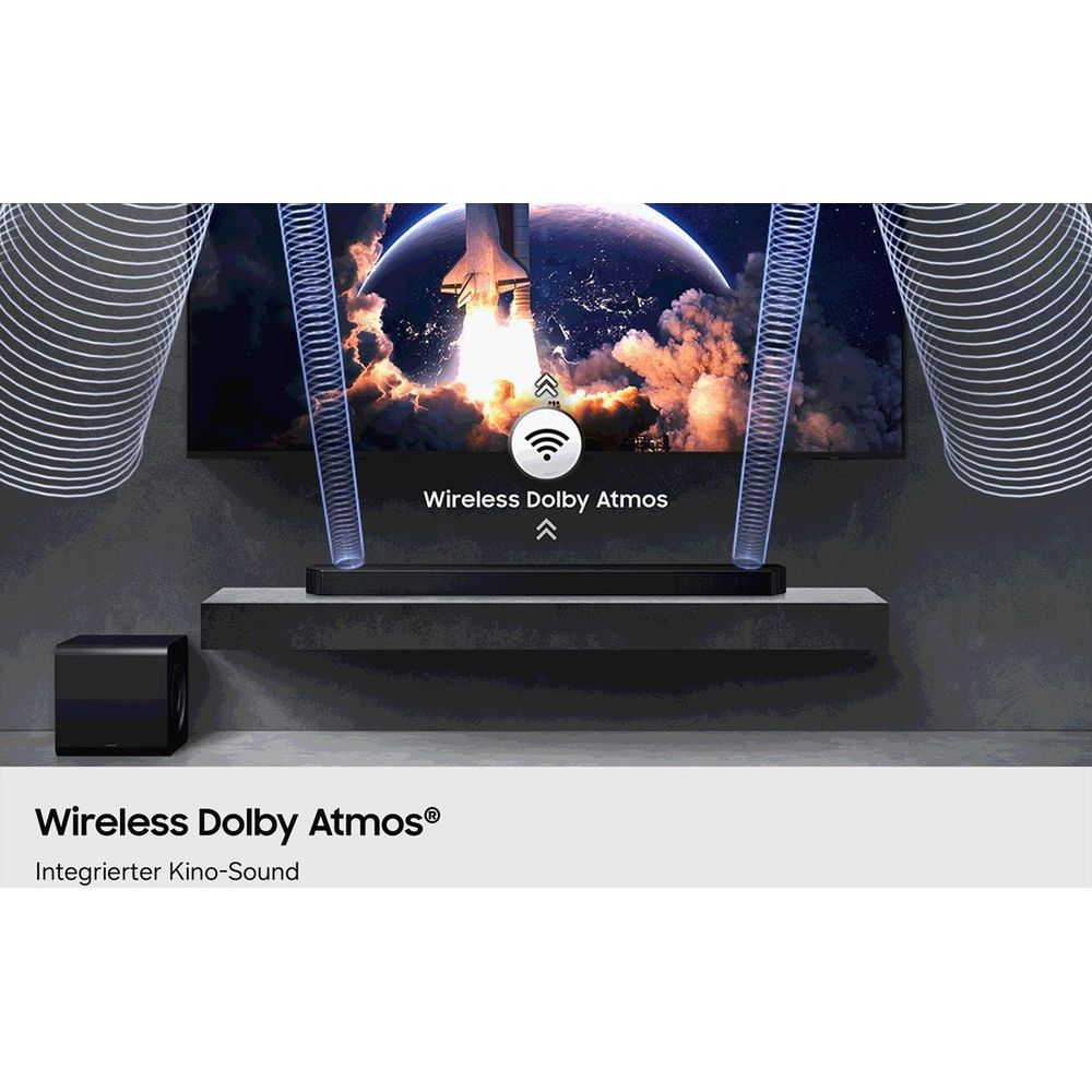 Soundbar und Subwoofer unter einem Fernseher mit Grafiken für kabellosen Dolby Atmos-Sound.