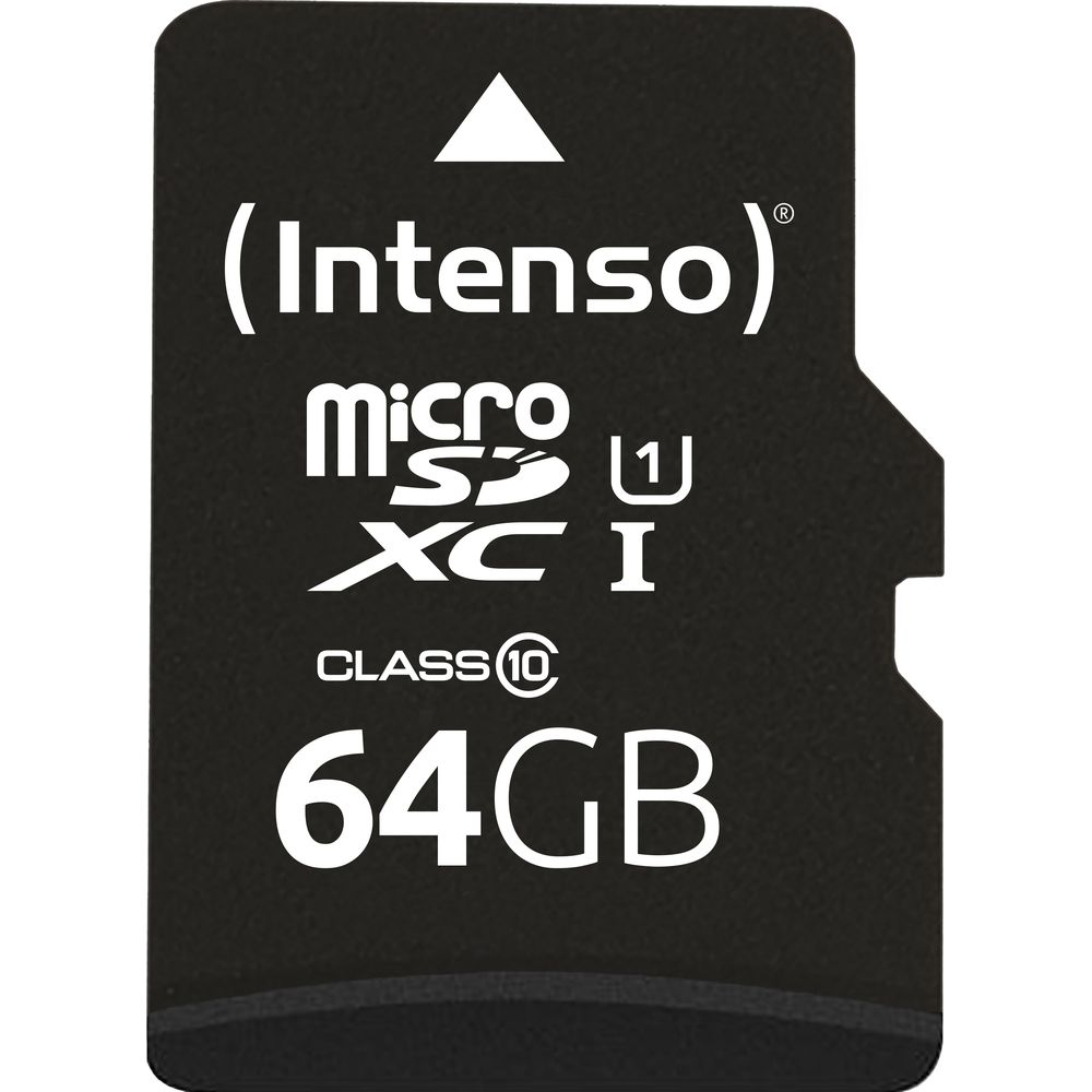 Une carte mémoire MicroSDXC Intenso 64 Go noire avec du texte blanc.