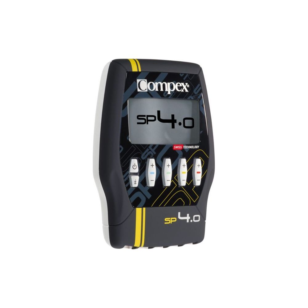 Ein schwarzes Compex SP 4.0 Elektrostimulationsgerät mit Display und mehreren Tasten auf weißem Hintergrund.