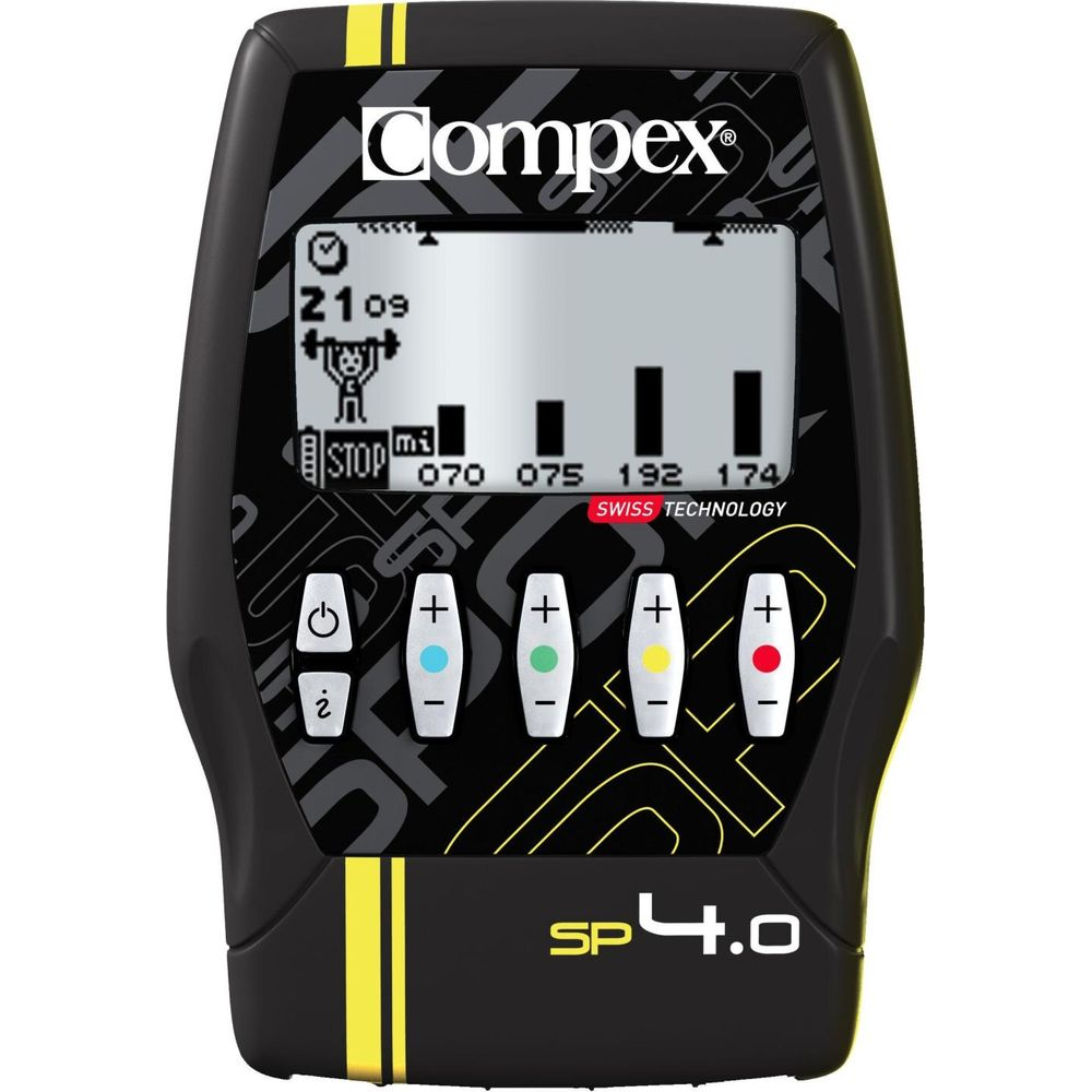 Schwarzes Compex SP 4.0 Elektrostimulationsgerät mit LCD-Bildschirm, Tasten und gelben Akzenten.