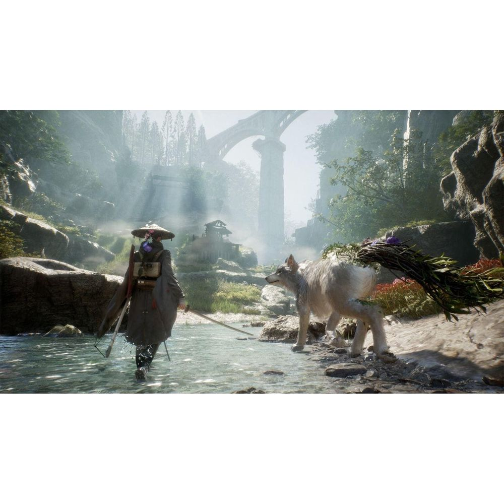 Ein Krieger mit Hut geht durch einen Fluss, begleitet von einem großen Wolf in einer nebligen Landschaft mit Brücke.