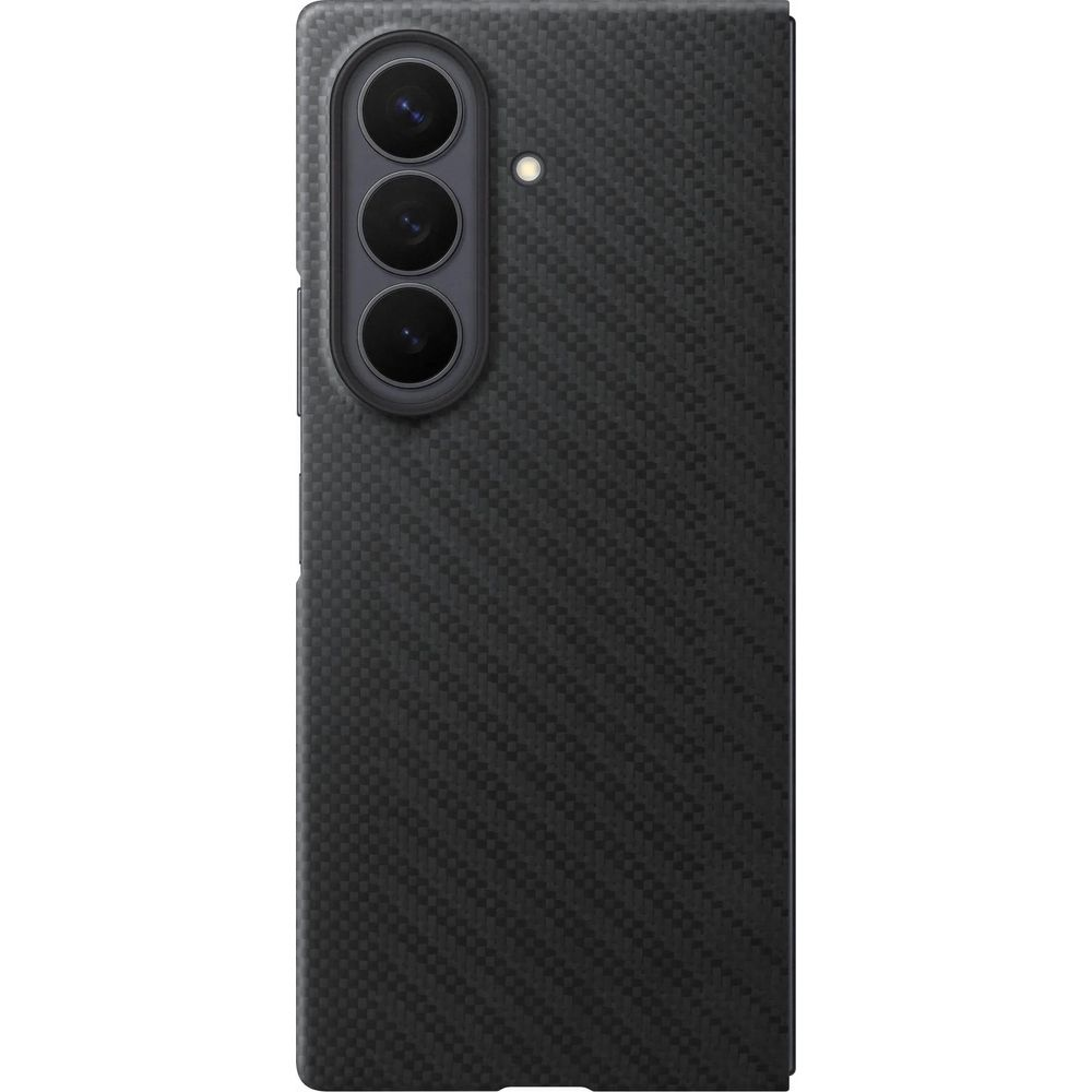 Back view of a black smartphone with a carbon fiber texture and a vertical triple camera module.