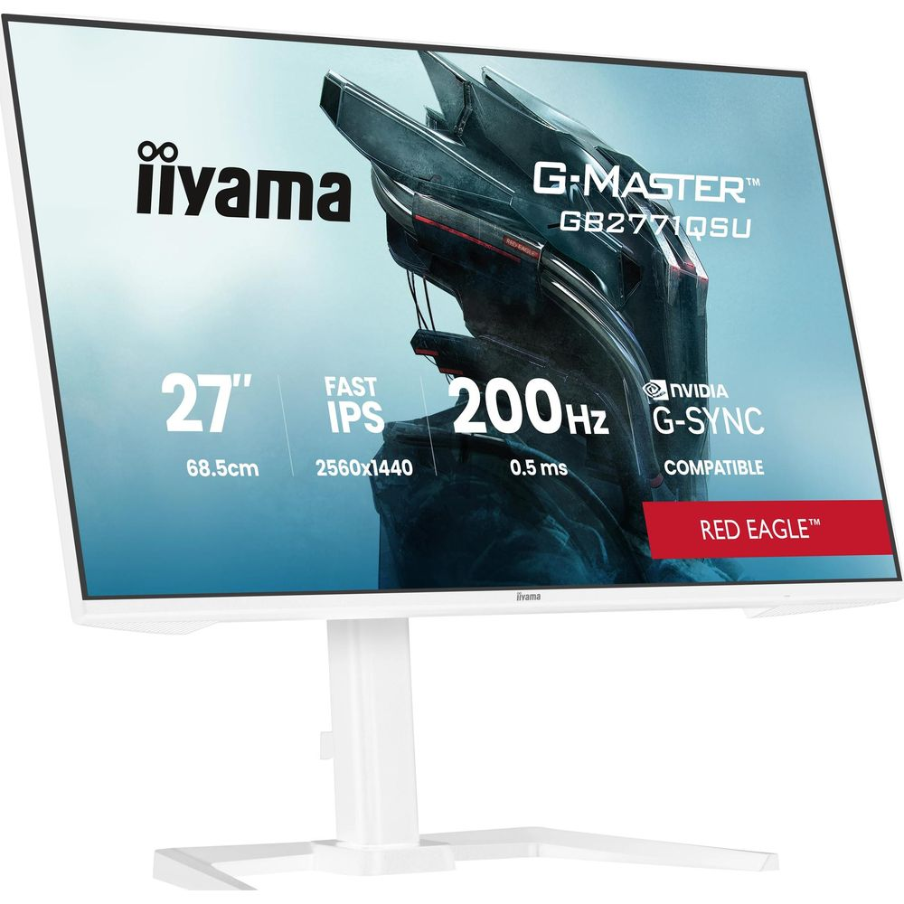 Biały monitor gamingowy Iiyama G-Master 27 cali ze specyfikacją i tłem kosmicznym.