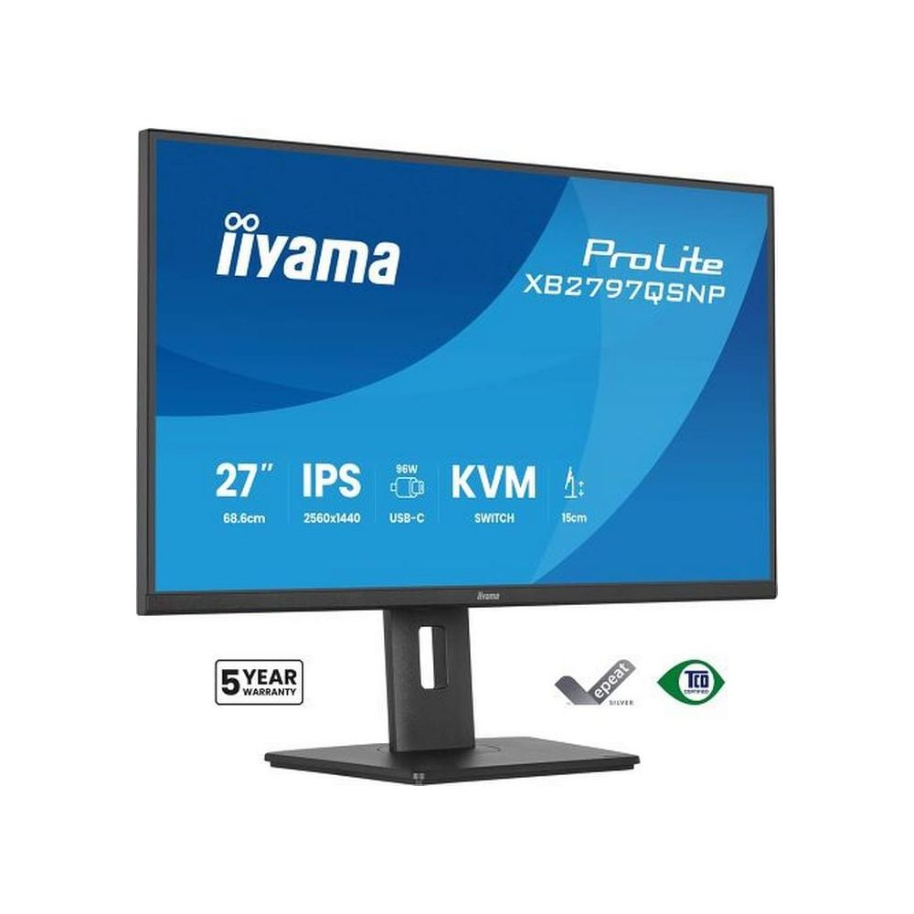 27-calowy monitor Iiyama ProLite XB2797QSNP z niebieskim ekranem promocyjnym i czarną podstawą.