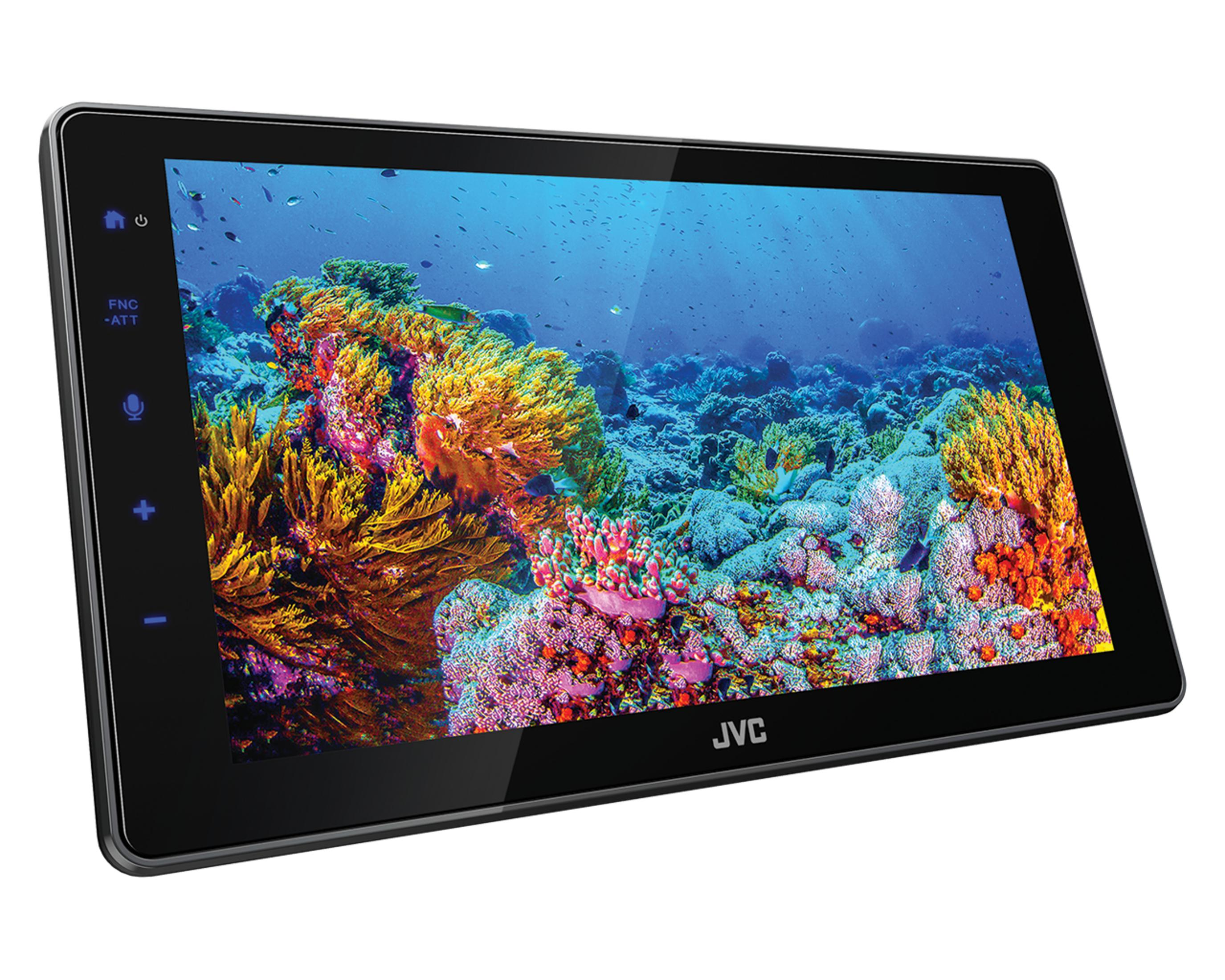 Ein JVC Autoradio mit großem Touchscreen und einem Bild von einer bunten Unterwasserwelt auf dem Display.