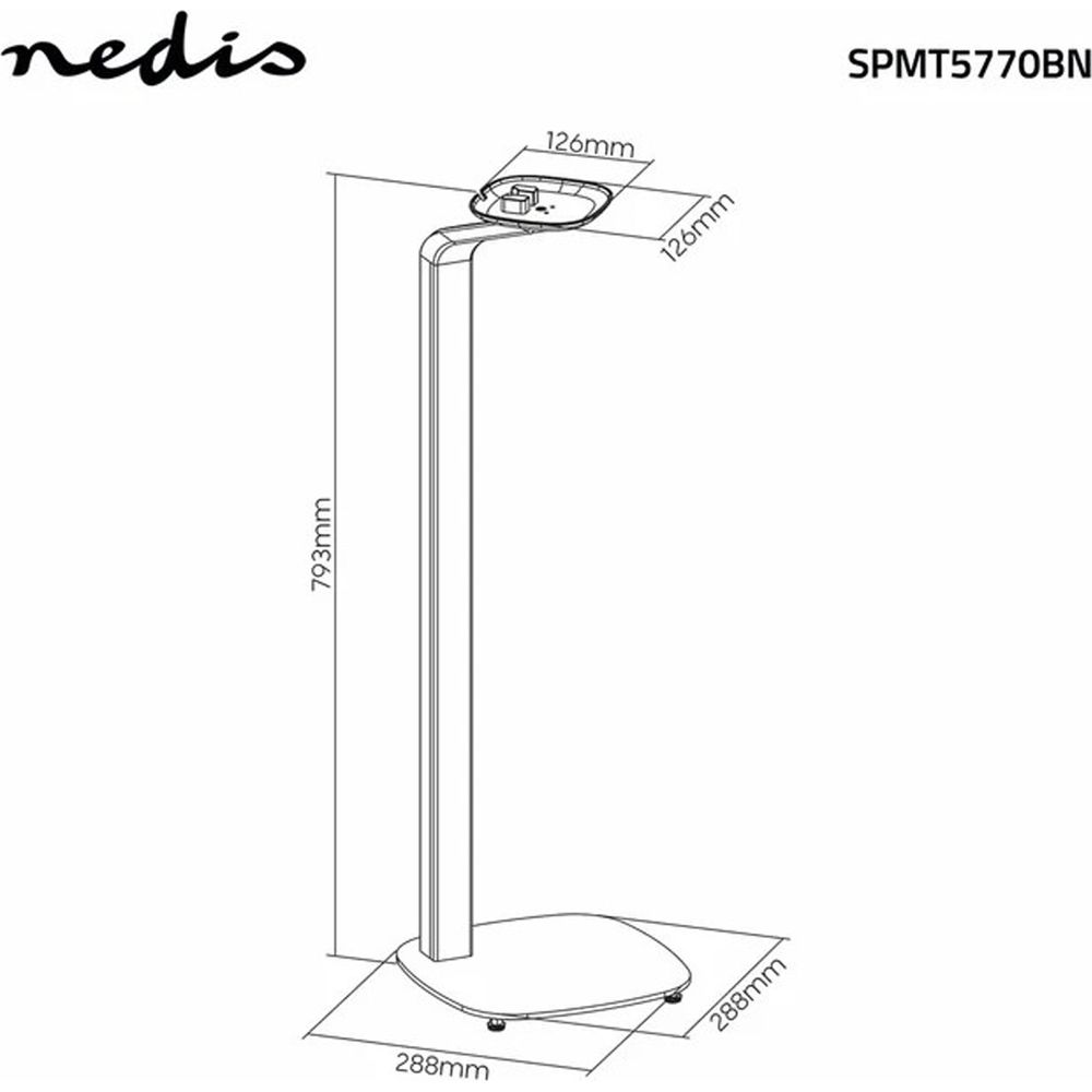 Strichzeichnung eines Bodenständers mit Maßen: Höhe 793mm, Basis 288x288mm und Platte 126x126mm.