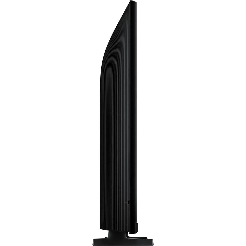 Vue latérale d'un téléviseur noir mince avec un dos incurvé et un support sur fond blanc.