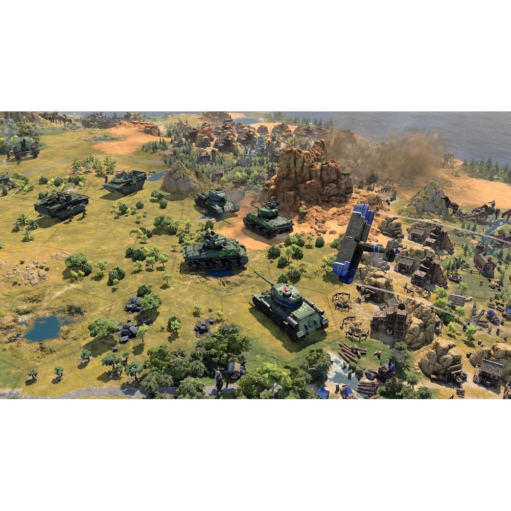 Strategische Ansicht eines Kriegsspiels mit grünen Panzern und einem blauen Flugzeug im hügeligen Gelände.