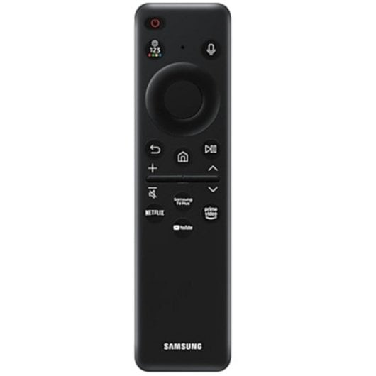 Eine schwarze Samsung-TV-Fernbedienung mit rundem Steuerkreuz und Streaming-Tasten auf weißem Hintergrund.