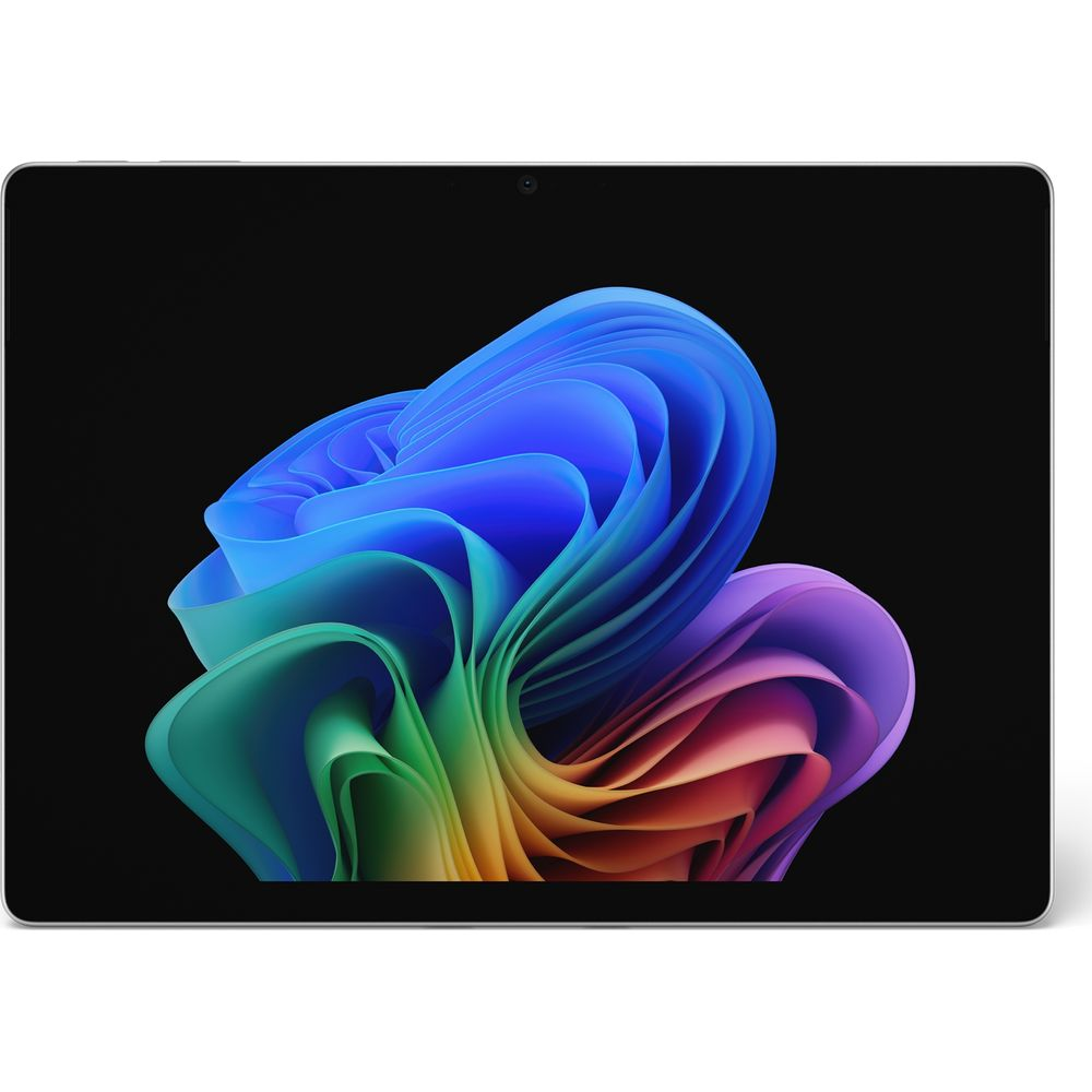 Ein Tablet zeigt eine bunte, abstrakte Wirbelwelle in Blau-, Grün- und Orangetönen auf schwarzem Bildschirm.