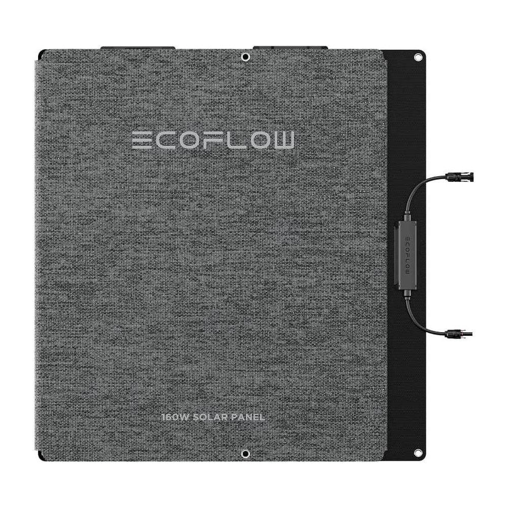 Un pannello solare EcoFlow grigio da 160W piegato con custodia nera e cavi di collegamento a destra.