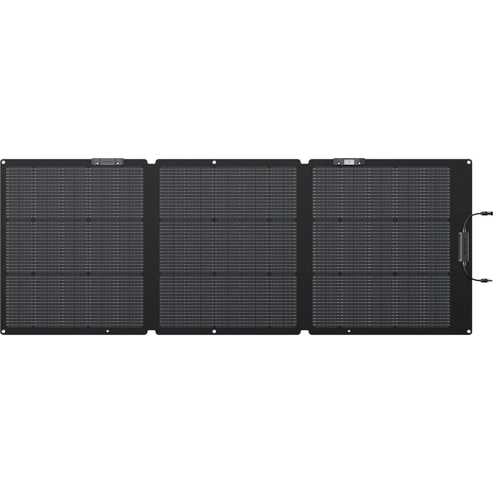 Un pannello solare portatile nero a tre ante con cavo e connettori collegati su sfondo bianco.