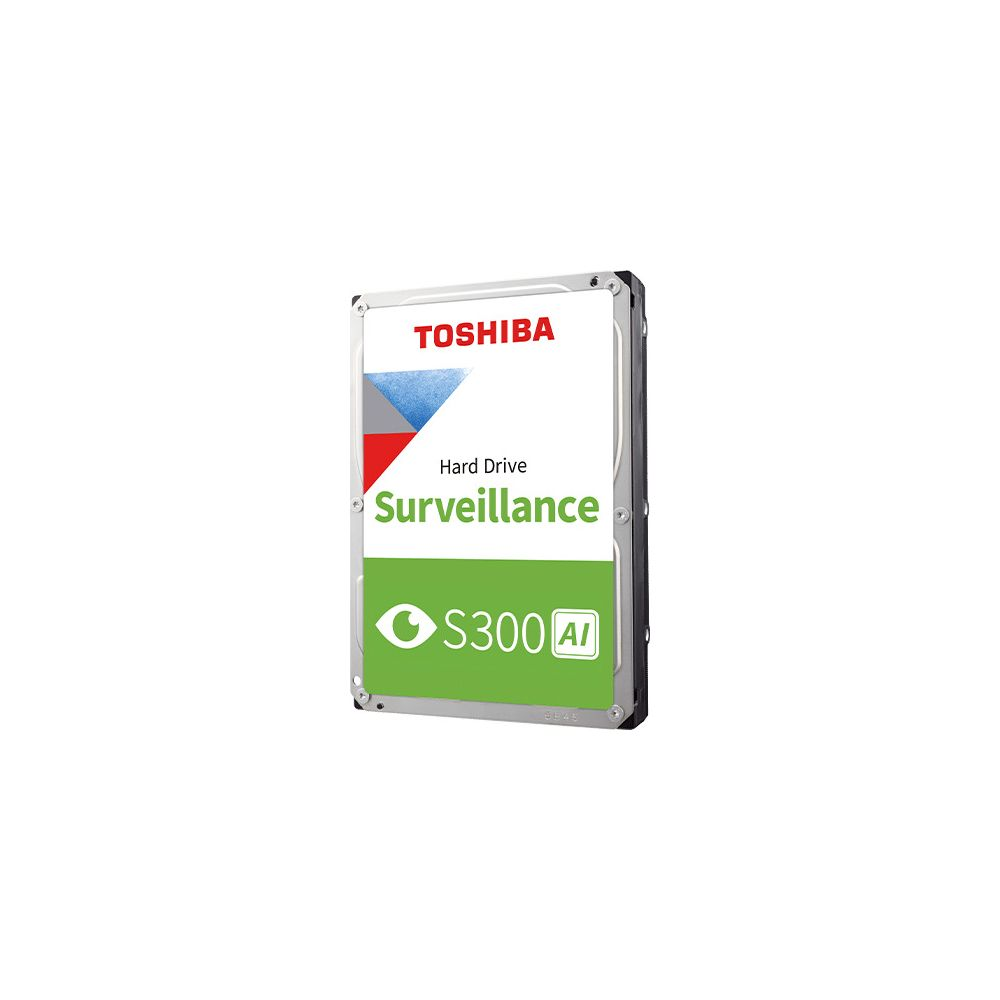 Toshiba Surveillance S300 AI Festplatte mit weißem Etikett und grünen Akzenten auf weißem Hintergrund.