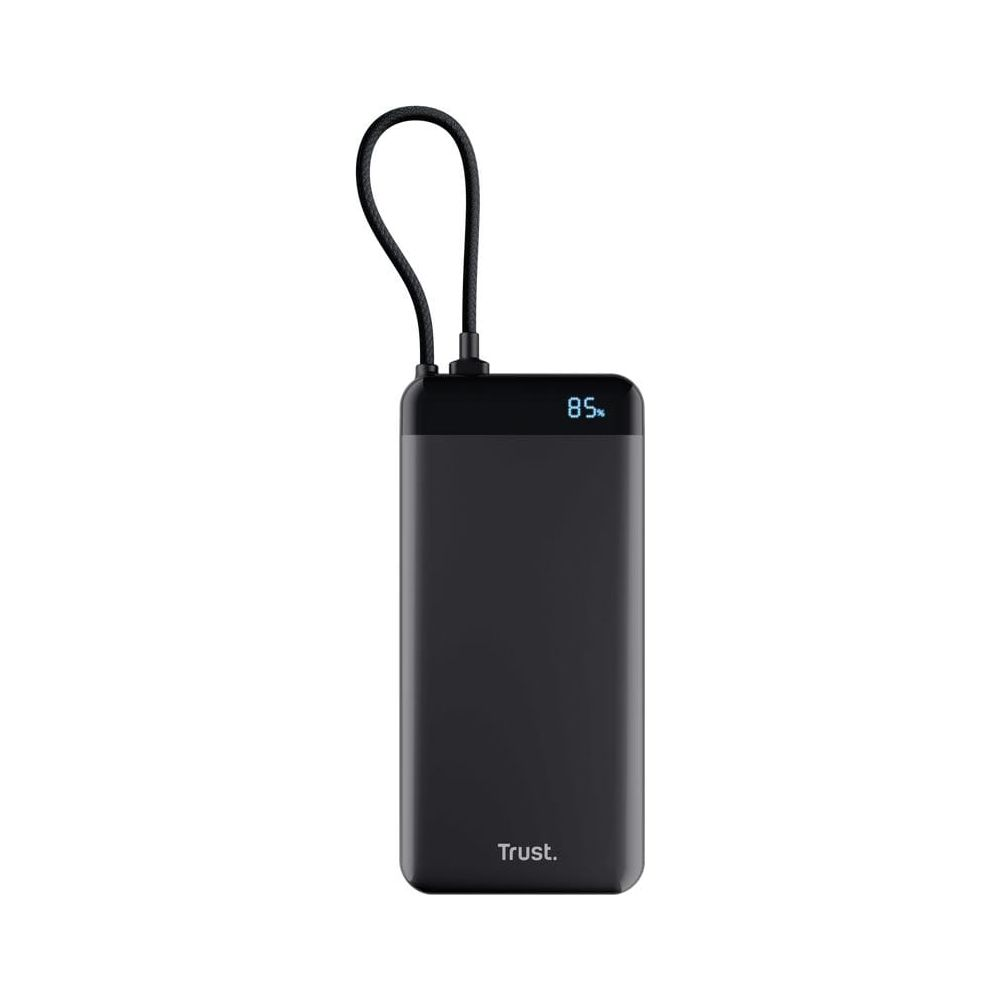 Eine schwarze Trust Powerbank mit Handschlaufe und Display, das 85% anzeigt.