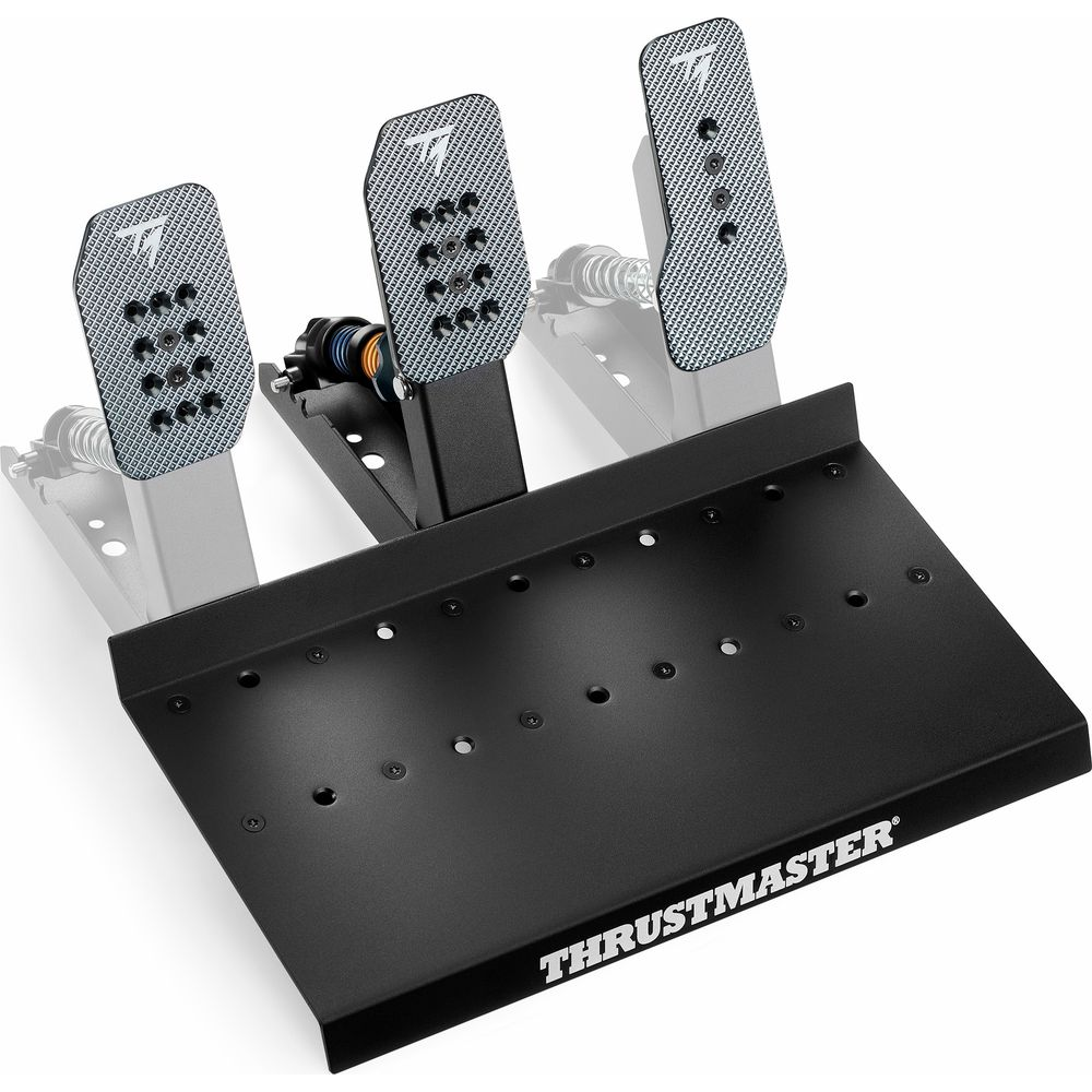 Un juego de pedales de carreras Thrustmaster negro con tres pedales metálicos texturizados.