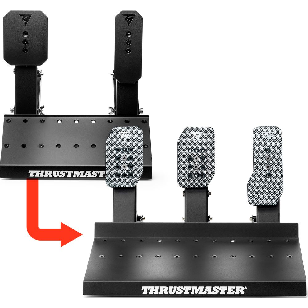 Pedales de carreras negros Thrustmaster con posiciones ajustables, conectados por una flecha roja.