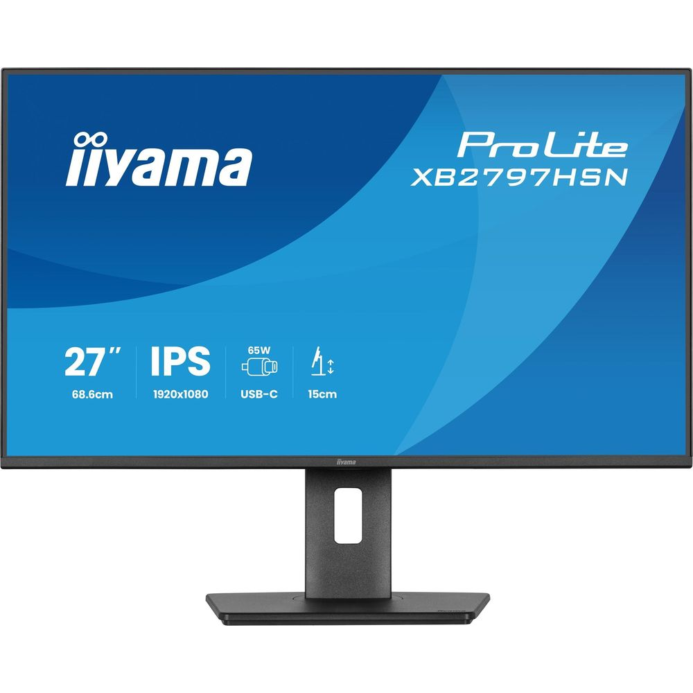 27-calowy monitor IPS Iiyama ProLite XB2797HSN z specyfikacją na niebieskim ekranie.
