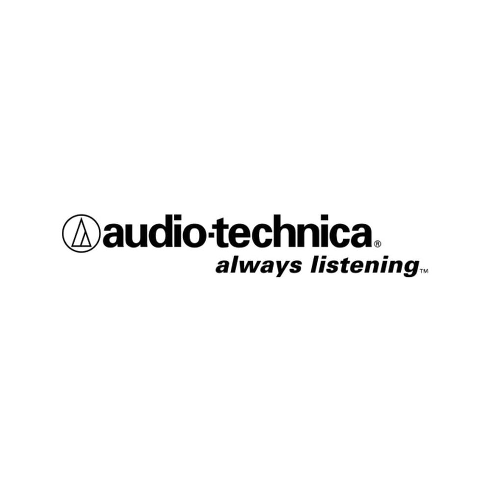 Logo Audio-Technica con lo slogan always listening in nero su sfondo bianco.